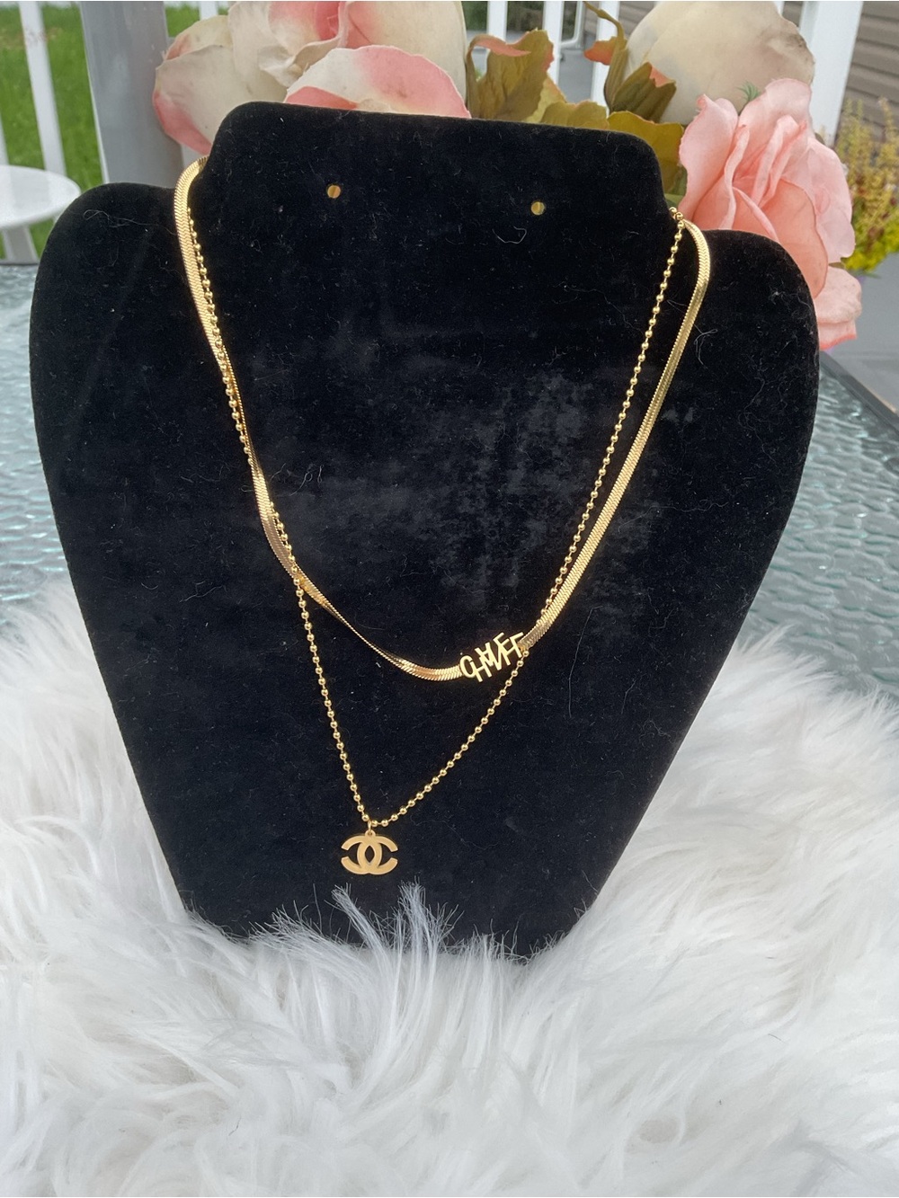18K stainless steel Gold-Tone Layered Necklace Set with Interlocking Pendant